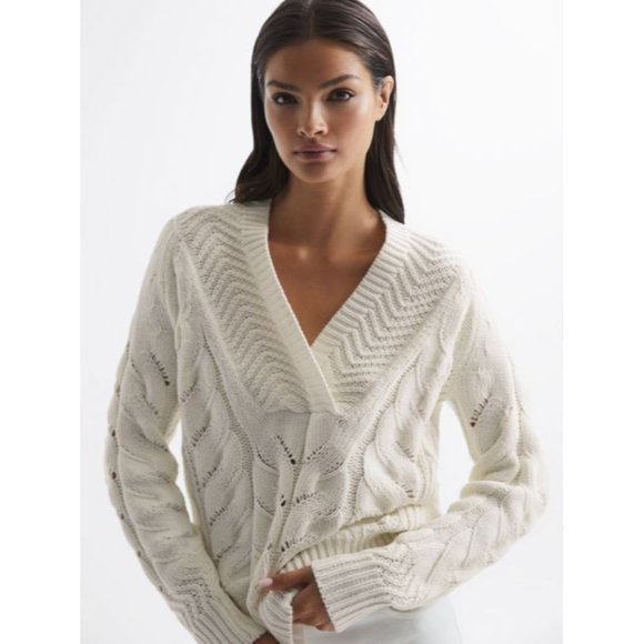 NWOT Reiss Claudine Knit Cable Shawl Neck Jumper Sweater White Ivory Cotton - Picture 1 of 9